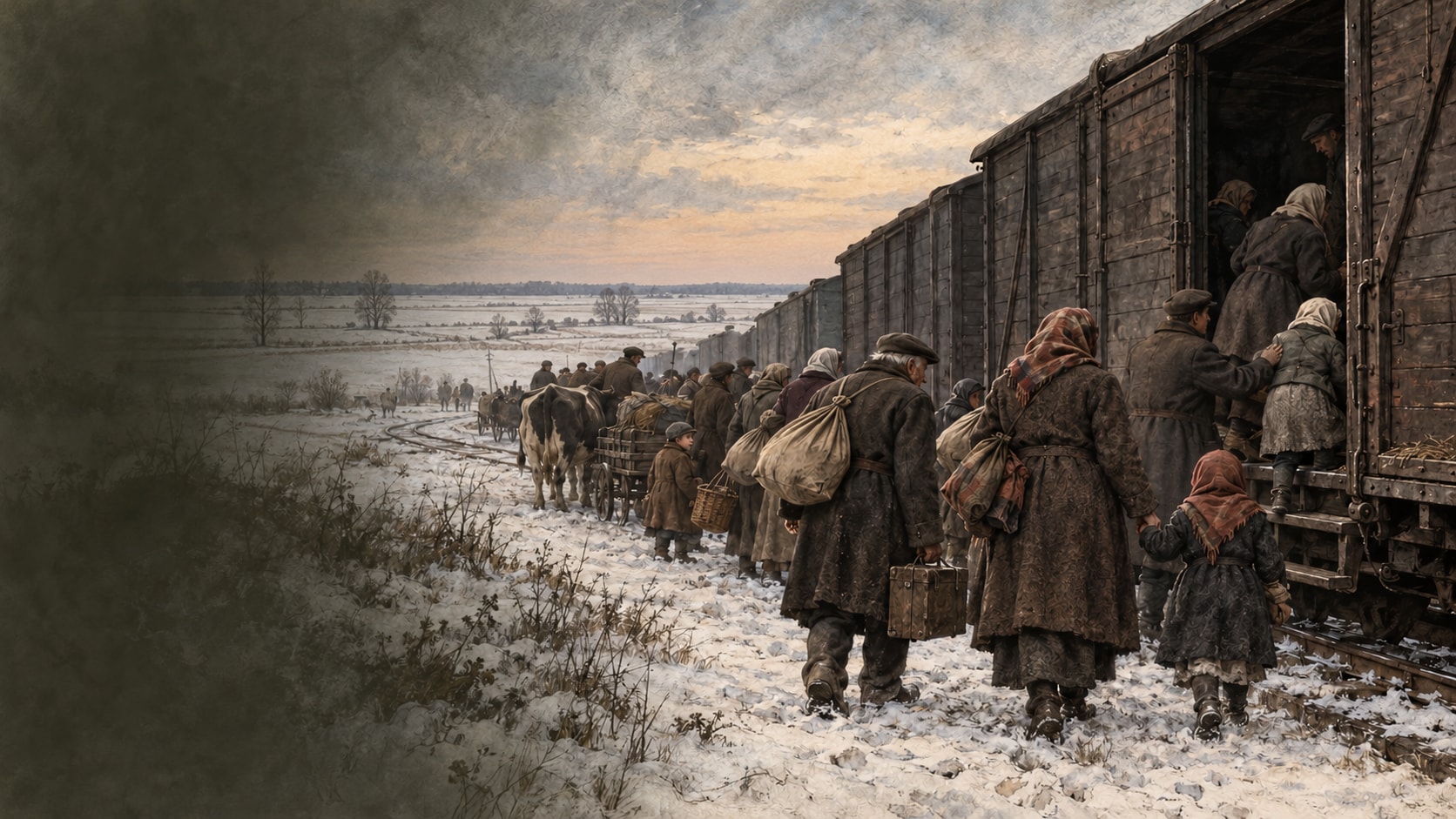 Ilustracja wyobra�eniowa: rodziny z dzie�mi, baga�ami i zwierz�tami przy drewnianych wagonach towarowych w zimowym, nizinnym krajobrazie.