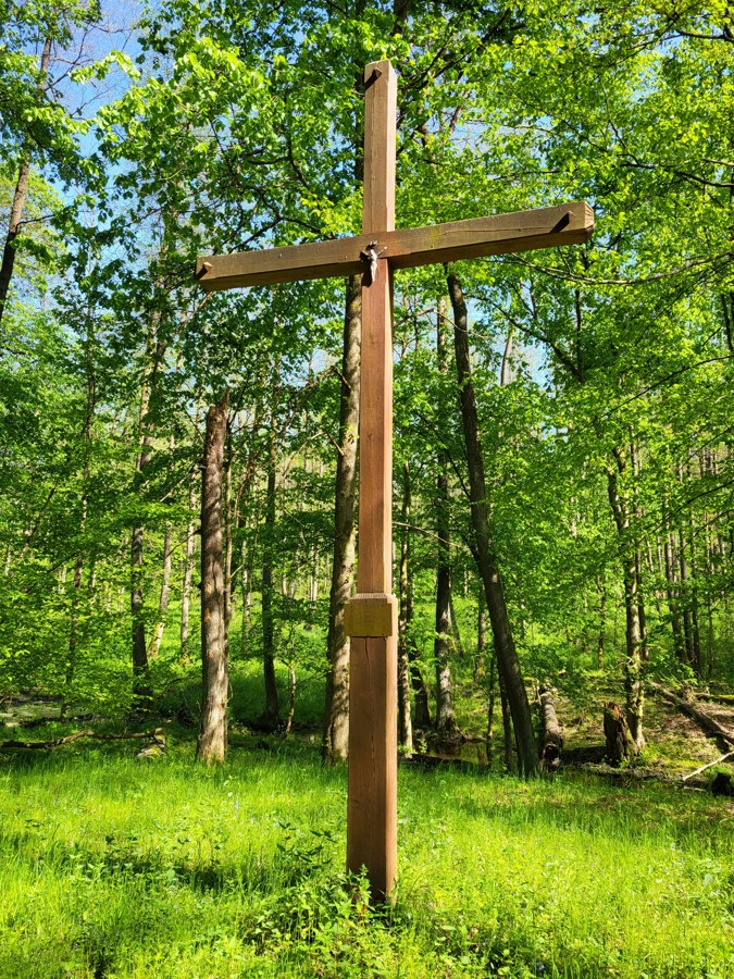 Drewniany krzy� na miejscu kaplicy, widok z bliska