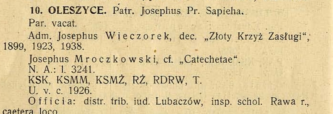 Ks. J�zef Mroczkowski przy parafii Oleszyce w schematyzmie z 1939 roku