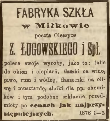 Reklama Fabryki szkła w Miłkowie Z. Ługowskiego i Spółki w Dzienniku Polskim z 13 grudnia 1877 roku