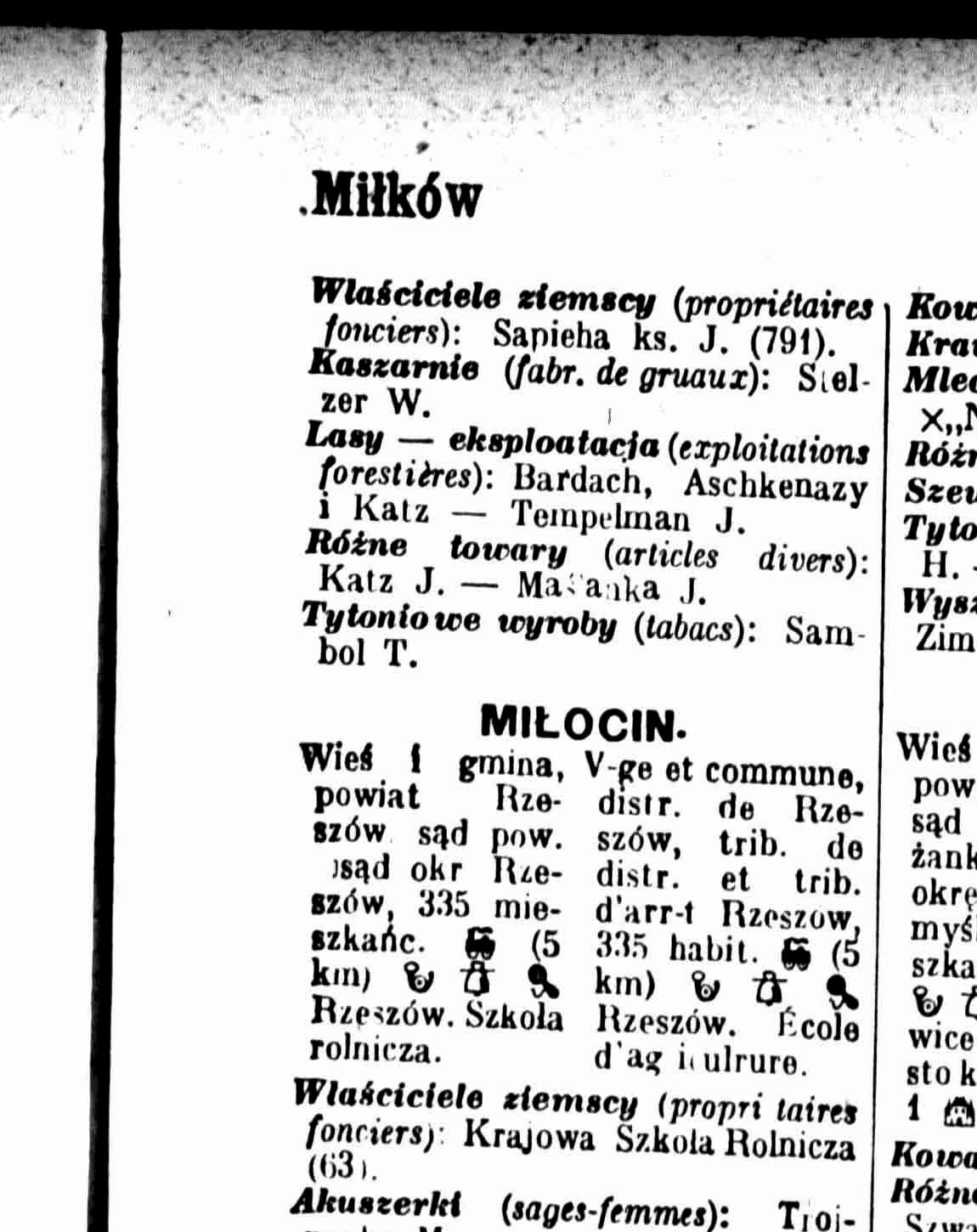 Początek strony 739 Księgi adresowej Polski na 1929 rok: hasło Miłków i wpisy branżowe
