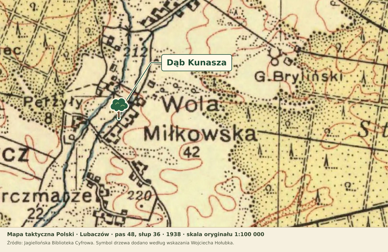 Fragment mapy WIG z 1938 roku z nazwą Wola Miłkowska i współczesnym oznaczeniem Dębu Kunasza
