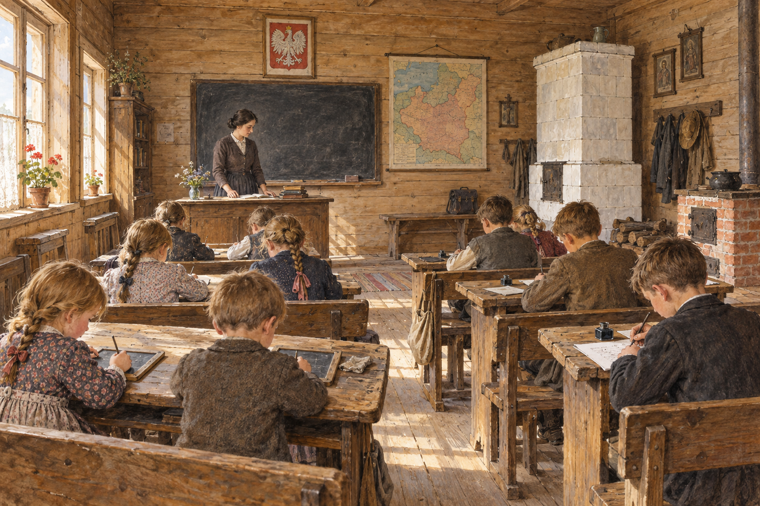 Wsp�czesna malarska wizja drewnianej izby szkolnej: dzieci przy �awkach, tabliczki i atrament, piece oraz mapa Polski i god�o na �cianie