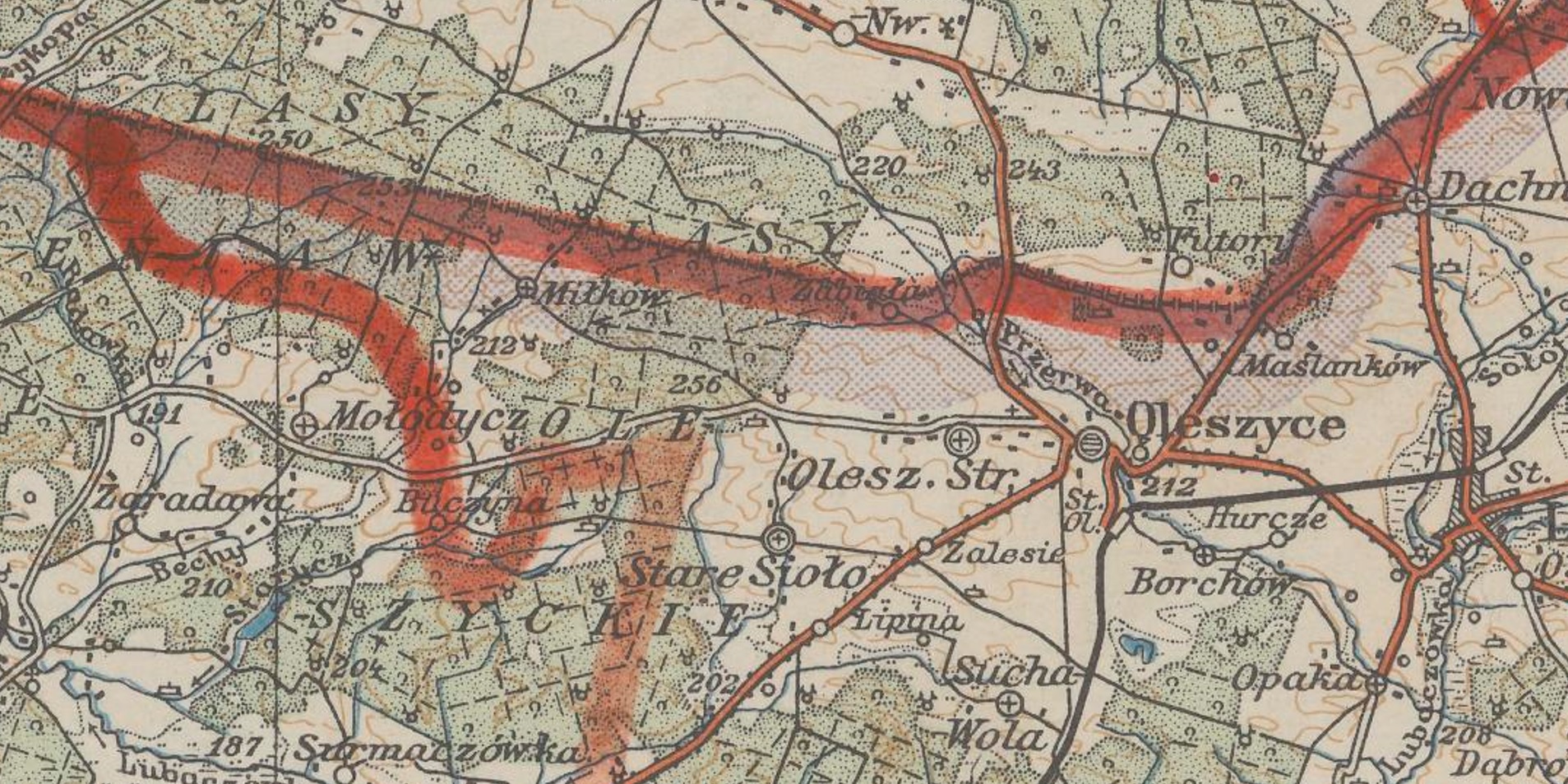 Fragment mapy z 1940 roku: napis Miłków poniżej czerwono oznaczonej granicy III Rzeszy i ZSRR; widoczne również Mołodycz i Oleszyce