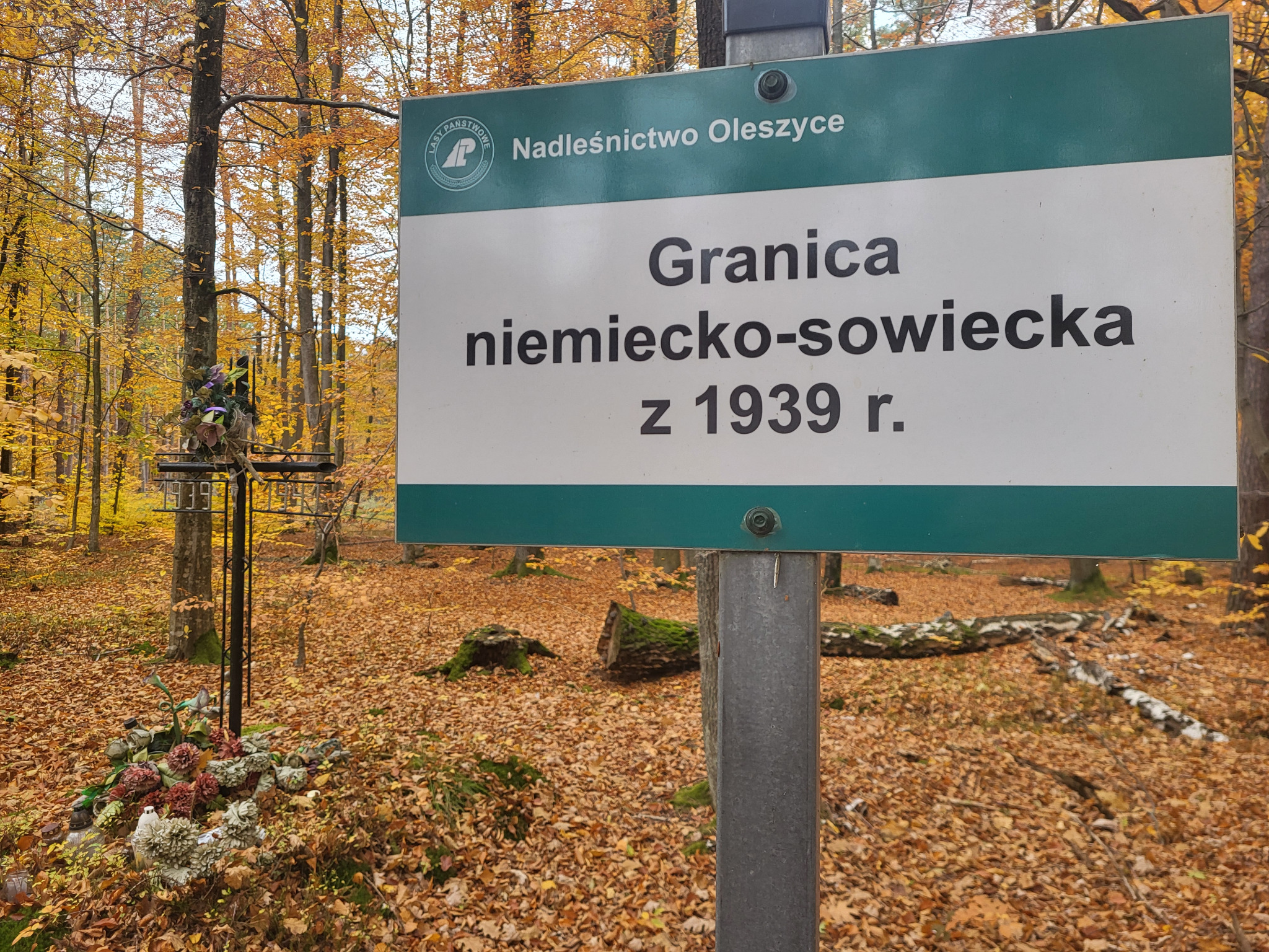 Współczesna tablica Nadleśnictwa Oleszyce w lesie z napisem: Granica niemiecko-sowiecka z 1939 r.